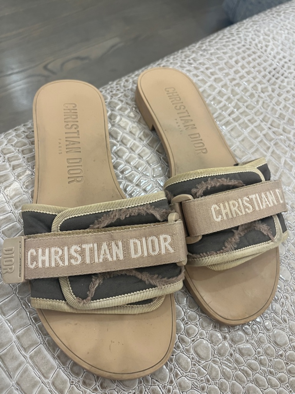 Dior Beige and Khaki Logo Strap Slide Sandals